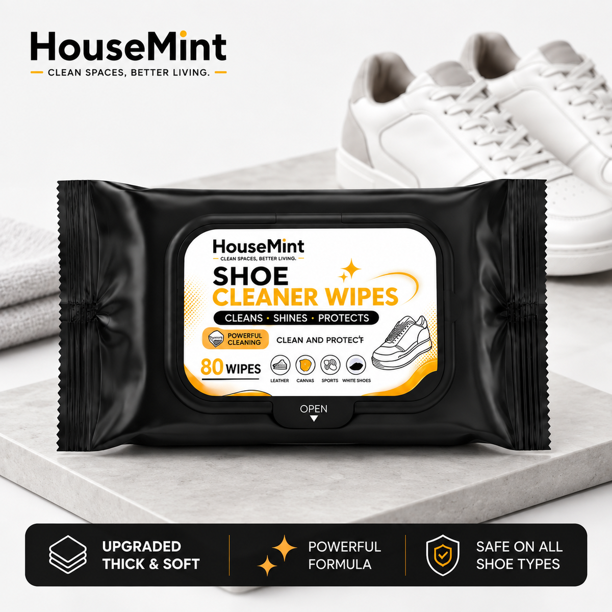 Shoe Cleaning Wipes ( 80 Wipes in 1 Pack ) Quickly clean dirt & everyday stains on the go. By HouseMint™